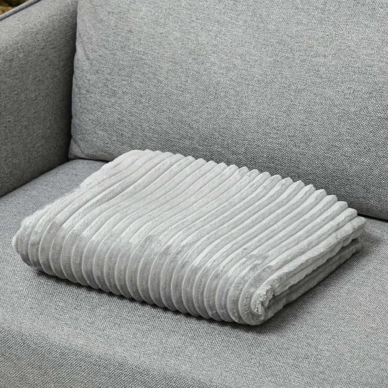 Flannel Fleece Throw Blanket, Fluffy Warm Flannel Blankets, Striped Reversible Travel Bedspread, Single Size, 152 x 127cm, Grey