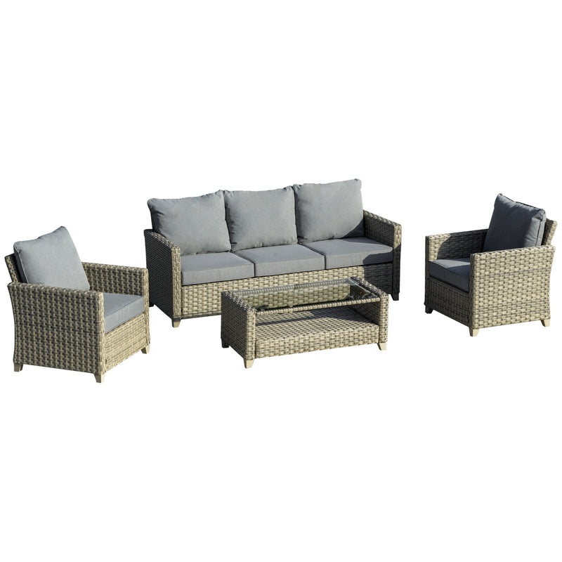 5-Seater Patio Wicker Sofa Set, Outdoor PE Rattan Sectional Conversation Aluminium Frame Furniture Set w/ Padded Cushion, 2-Tier Table Brown