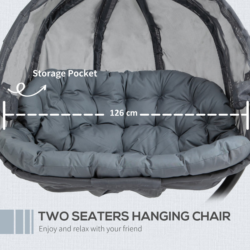 Double Hanging Egg Chair 2 Seaters Swing Hammock Chair with Stand, Cushion and Folding Design, for Indoor and Outdoor, Grey