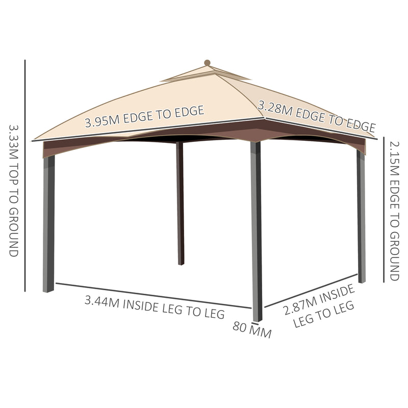 4 x 3(m) Patio Gazebo, Garden Canopy Shelter with Double Tier Roof, Removable Netting and Curtains for Lawn, Poolside, Khaki