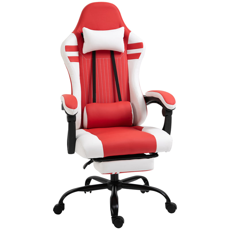 PU Leather Gaming Chair w/ Headrest, Footrest, Wheels, Adjustable Height, Racing Gamer Recliner, Red White