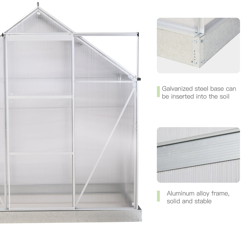 Walk-In Greenhouse Polycarbonate Panels Aluminium Frame w/ Sliding Door Adjustable Window Inner Area Plant Flower Grow, 6 x 4 ft