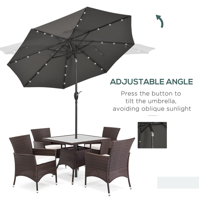 Garden 24 LED Light Parasol Outdoor Tilt Sun Umbrella Patio Club Party Event Manual Sun Shade w/ Hand Crank Grey