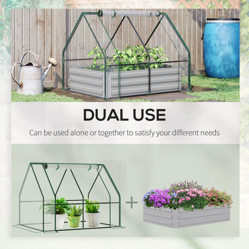 Raised Garden Bed with Greenhouse, Steel Planter Box with Plastic Cover, Roll Up Window, Dual Use for Flowers, Vegetables, 127 x 95 x 92cm