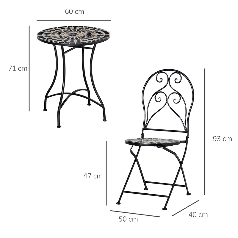 3 Piece Garden Outdoor Bistro Set with Coffee Table and 2 Folding Chairs, Mosaic Tile Top and Seats, Metal Frame, for Patio Balcony