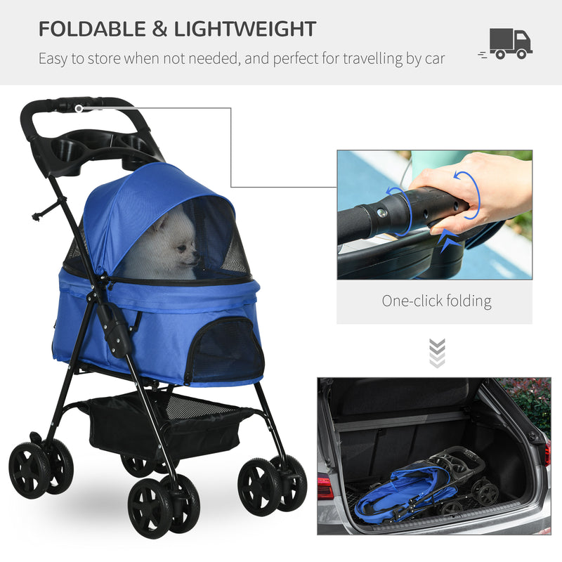 Pet Stroller Dog Cat Travel Pushchair One-Click Fold Trolley Jogger with EVA Wheels Brake Basket Adjustable Canopy Safety Leash Blue