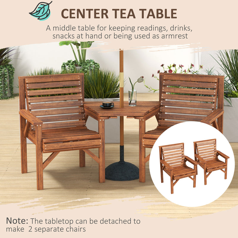 Wooden Garden Love Seat w/ Coffee Table Umbrella Hole, Tan Brown