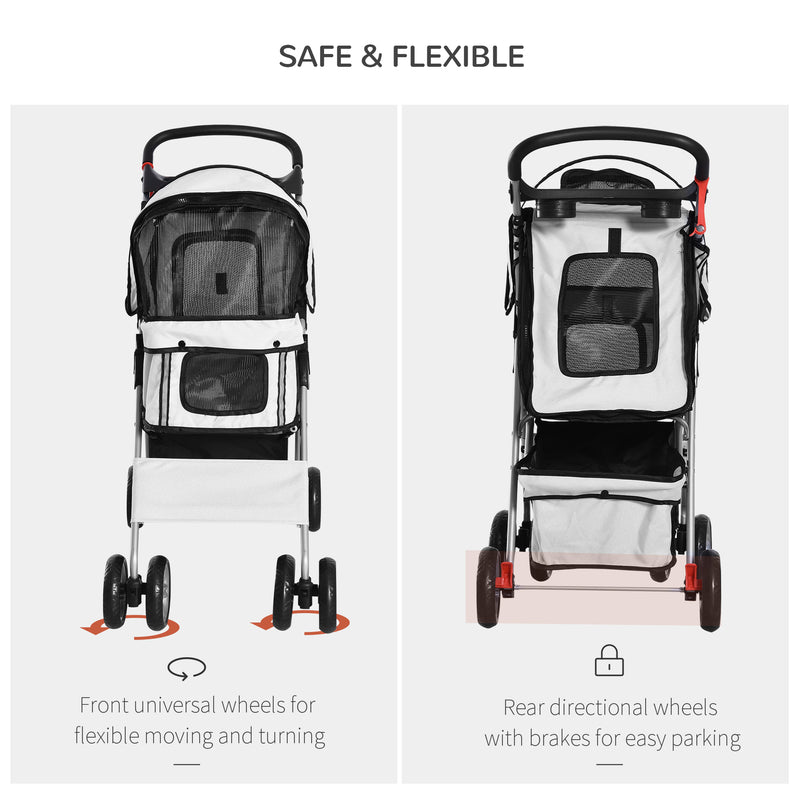 Dog Stroller with Rain Cover for Small Miniature Dogs, Folding Pet Pram with Cup Holder, Storage Basket, Reflective Strips, Grey