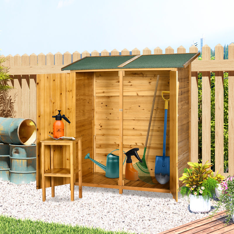 Garden Wood Storage Shed w/ Flexible Table, Hooks and Ground Nails, Multifunction Lockable Sheds & Outdoor Asphalt Roof Tool Organizer, Grey