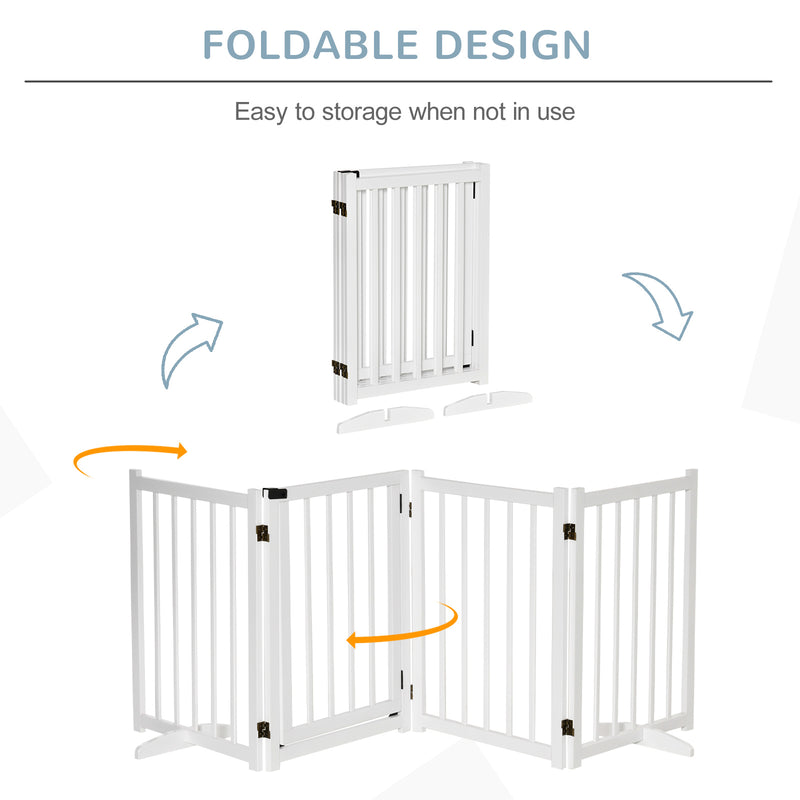 Pet Gate for Small and Medium Dogs, Freestanding Wooden Foldable Dog Safety Barrier with 4 Panels, 2 Support Feet for Doorways,Stairs,White