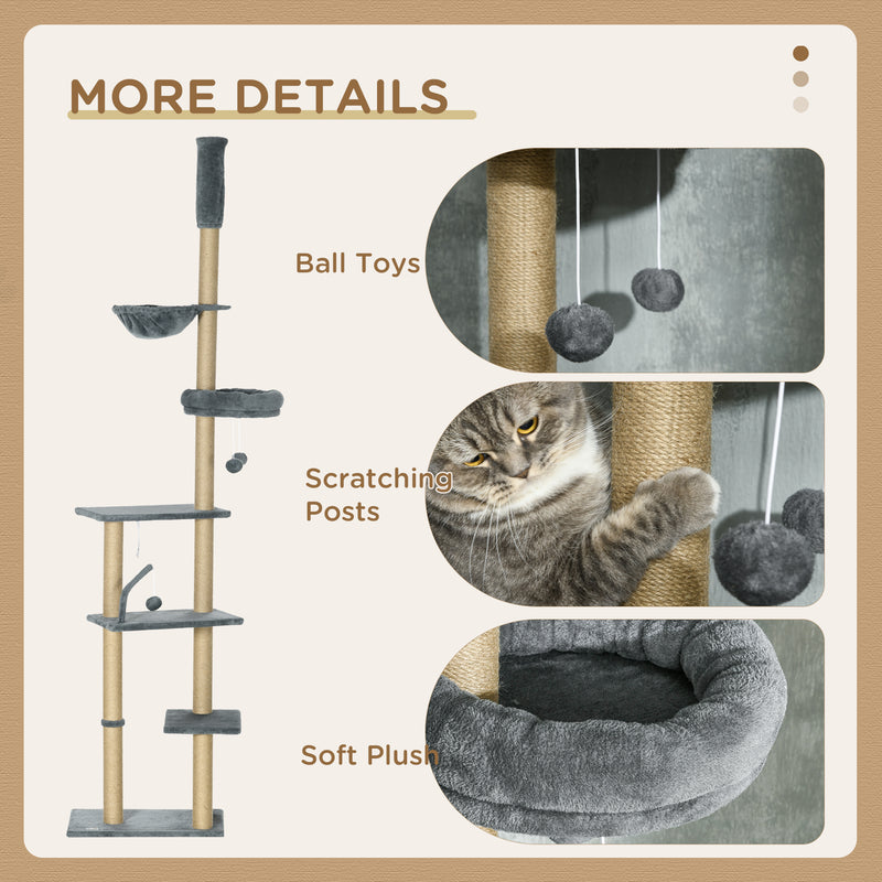 Floor to Ceiling Cat Tree, 6-Tier Play Tower Climbing Activity Center w/ Scratching Post, Hammock, Adjustable Height 230-250cm, Grey