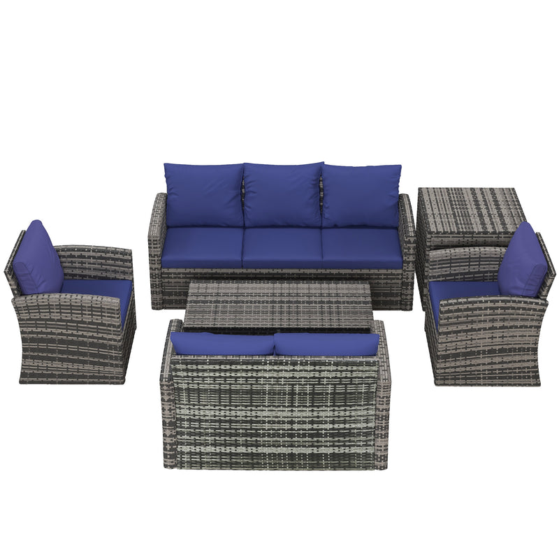 6 Pieces Outdoor Rattan Wicker Sofa Set Sectional Patio Conversation Furniture Set w/ Storage Table & Cushion Navy Blue