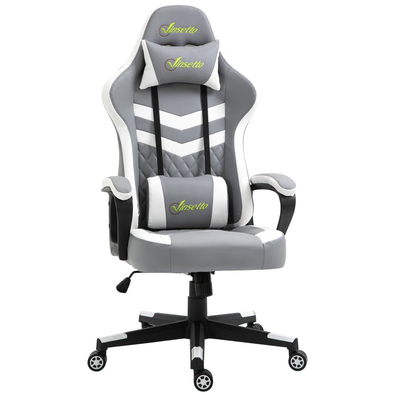 Racing Gaming Chair with Lumbar Support, Headrest, Swivel Wheel, PVC Leather Gamer Desk Chair for Home Office, Grey White