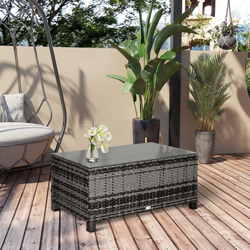 Rattan Coffee Table Garden Furniture Patio Wicker Side Table with Tempered Glass Table Top, Mixed Grey