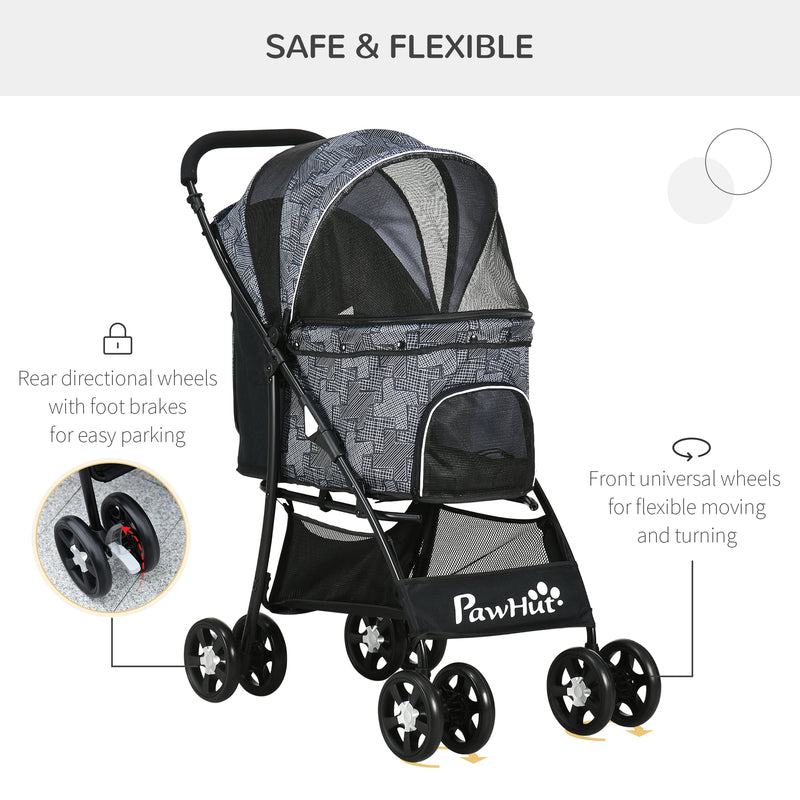 Pet Stroller Dog Pushchair Cat Travel Carriage Foldable Carrying Bag w/ Universal Wheels, Brake Canopy for XS & S Sized Pets, Grey