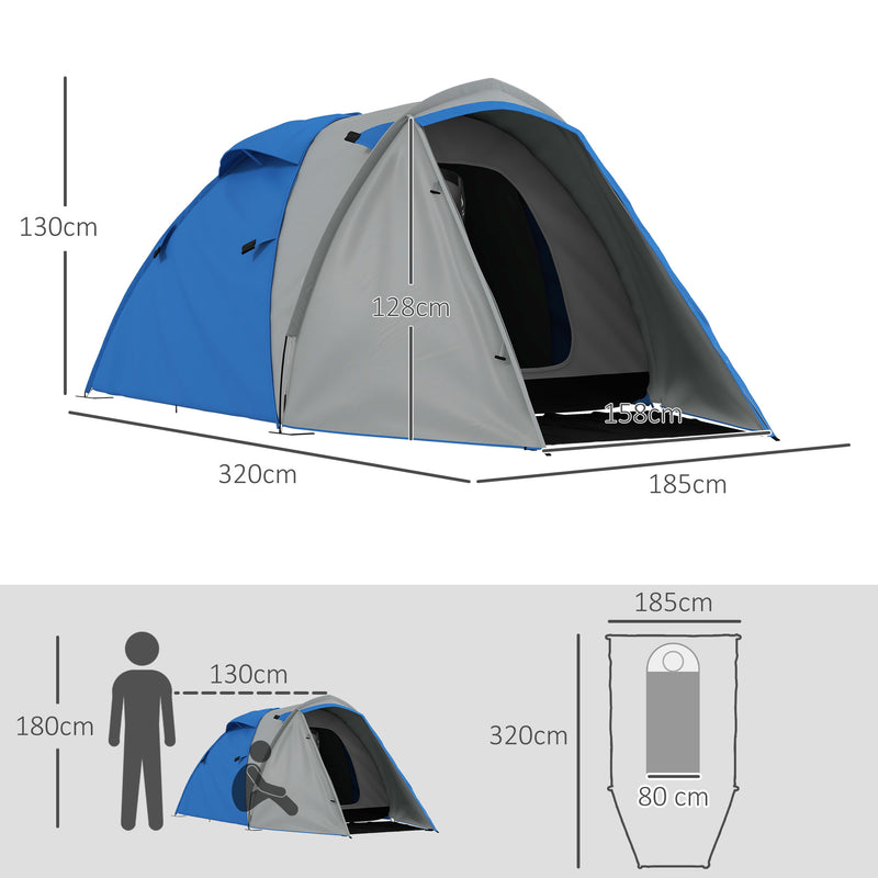 2-3 Man Camping Tent with 2 Rooms, 2000mm Waterproof Family Tent, Portable with Bag for Fishing Hiking Festival, Blue