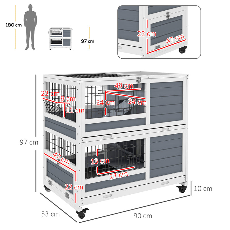 Double Deckers Guinea Pig Cage Rabbit Hutch Indoor with Feeding Trough, Trays, Ramps, Openable Top - Grey