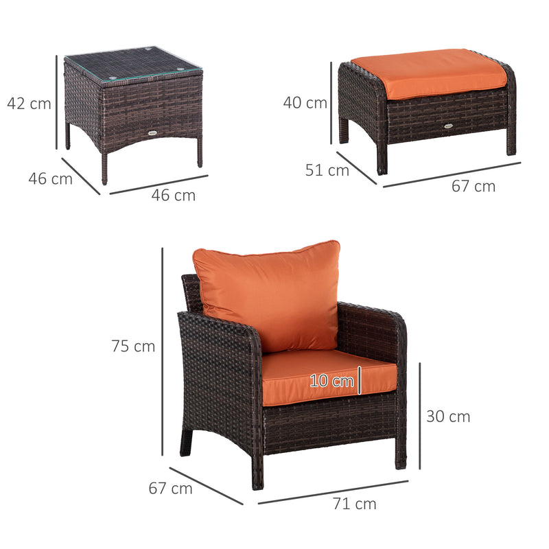 5 Pcs PE Rattan Garden Furniture Set, 2 Armchairs 2 Stools Glass Top Table Cushions Wicker Weave Chairs Outdoor Seating, Brown