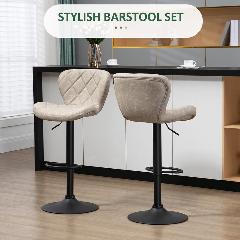Adjustable Height Bar Stools Set of 2, Swivel Barstools with Backrest and Footrest, Steel Frame Diamond Pattern PU, Kitchen Counter Light Grey
