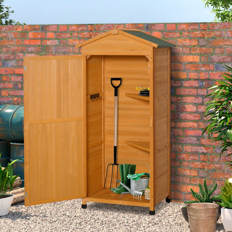 Wooden Garden Cabinet 3-Tier Storage Shed 2 Shelves Lockable Organizer with Hooks Foot Pad 74 x 55 x 155cm Dark Yellow