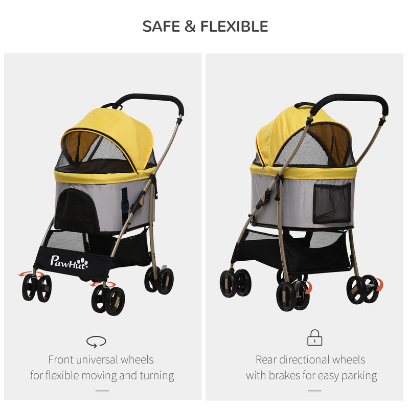 Detachable Dog Pushchair, 3-In-1 Dog Cat Travel Carriage, Foldable Carrying Bag with Universal Wheel Brake Canopy Basket Storage Bag, Yellow