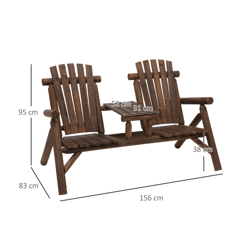 Wood Patio Chair Bench 2 Seats with Center Coffee Table, Garden Loveseat Bench Backyard, Perfect for Lounging Relaxing Outdoors, Carbonized