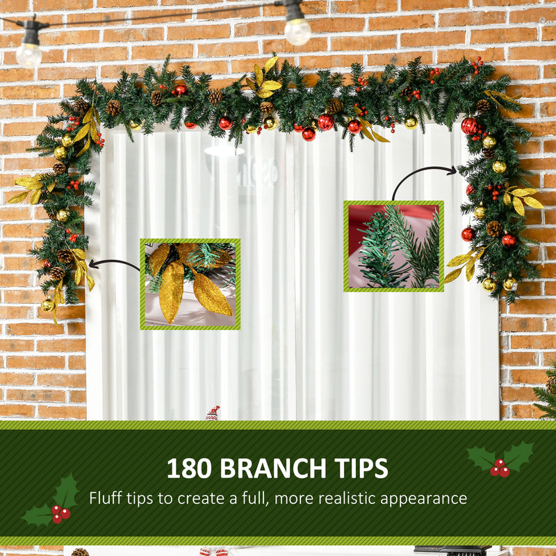 9ft Non-Lit Garland for Christmas Decorations Green Holiday Decor Artificial Greenery with Pine Cones, Colorful Balls, Leaves