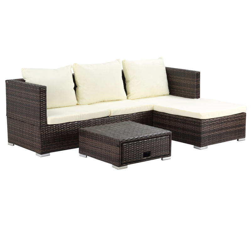 4-Seater Rattan Garden Furniture Storage Sofa Set Wicker Coffee Table Conservatory Sun Lounger Outdoor Weave w/ Cushion, Brown
