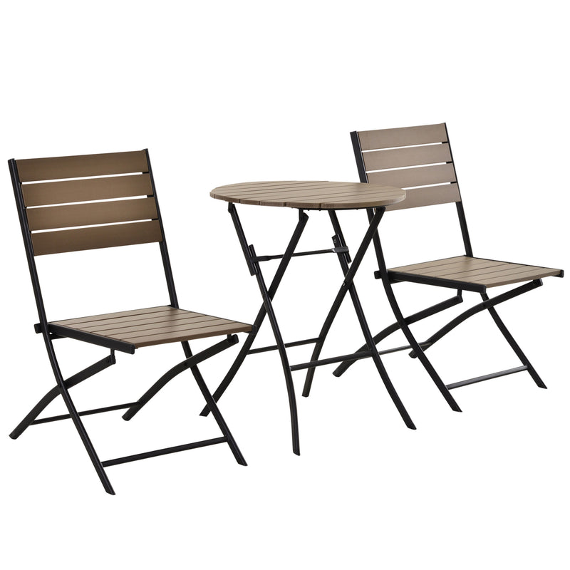 3 Pcs Folding Bistro Dining Set 2 Single Chair 1 Dining Table Metal Frame Plastic Panel Slatted Compact Garden Outdoor Apartment Black&Brown