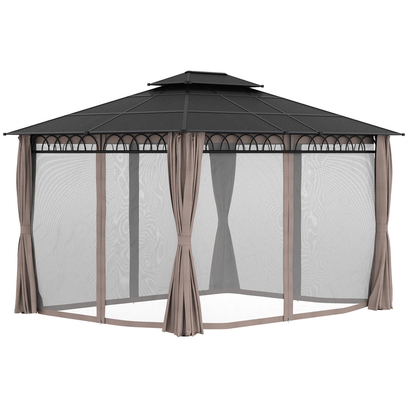 3.6 x 3 (m) Outdoor Polycarbonate Gazebo, Double Roof Hard Top Gazebo with Nettings & Curtains for Garden, Lawn, Patio