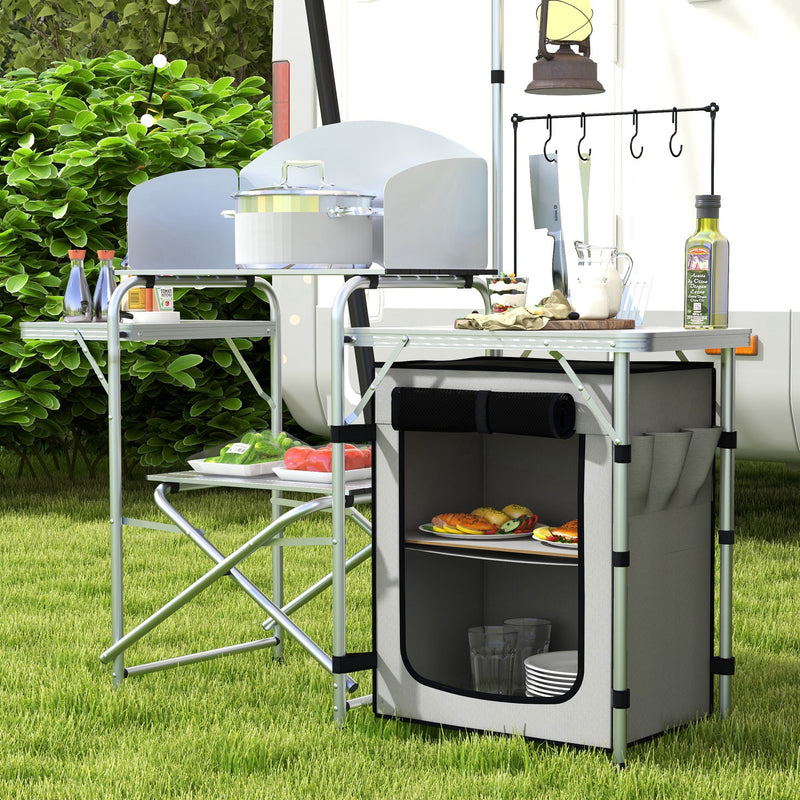Camping Kitchen with Storage Cupboard, Folding Camping Table, Aluminium Portable Picnic Table with Windshield, Light Stand, Carrying Bag for BBQ, Silver