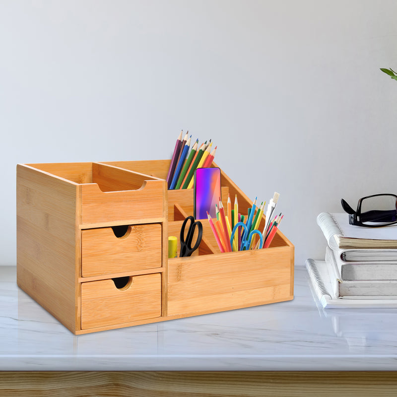 Organiser Holder Multi-Function Storage Caddy Drawers Home Office Stationary Supplies 7 Storage Compartments and 2 Drawers Natural Wood