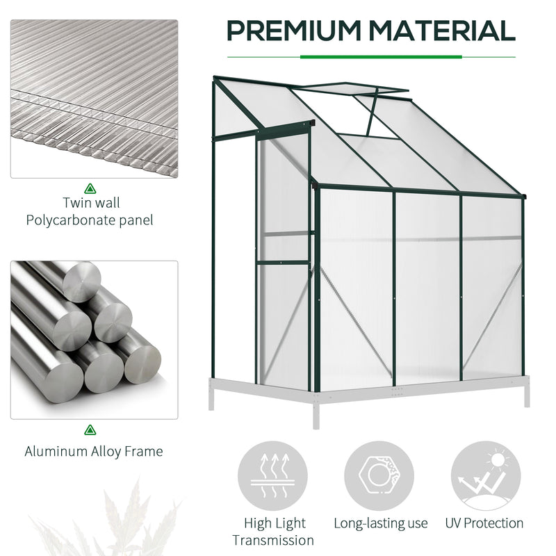 Walk-In Lean to Greenhouse Garden Heavy Duty Aluminium Polycarbonate with Roof Vent for Plants Herbs Vegetables, Green, 192 x 127 x 220 cm