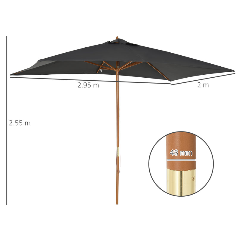 Wooden Garden Parasol Umbrella Outdoor Sun Shade Canopy, Dark Grey，2 x 3m