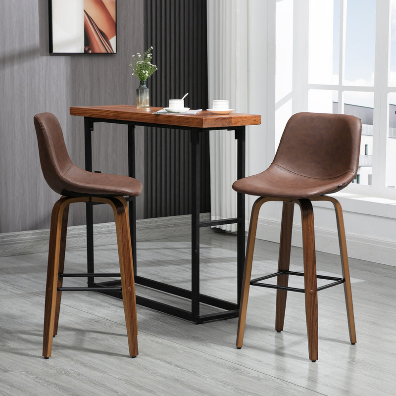 Bar Stools Set of 2, Breakfast Bar Chairs, PU Leather Upholstered Kitchen Stools w/ Backs, Wood Legs for 89-99cm Bar Table, Brown