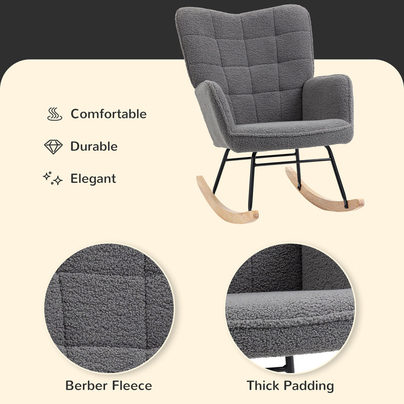 Wingback Rocking Chair for Nursing, Berber Fleece Nursery Glider Rocker, Modern Armchair for Living Room, Dark Grey
