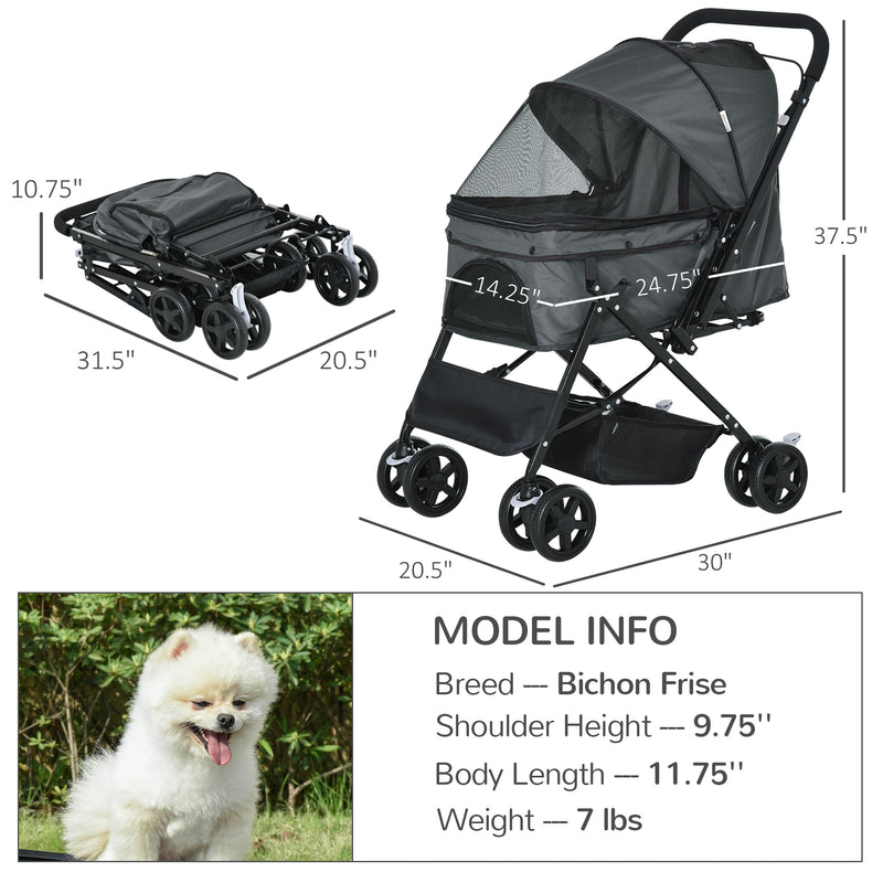 Pet Stroller Dog Pushchair Foldable Jogger with Reversible Handle EVA Wheel Brake Basket Adjustable Canopy Safety Leash Grey