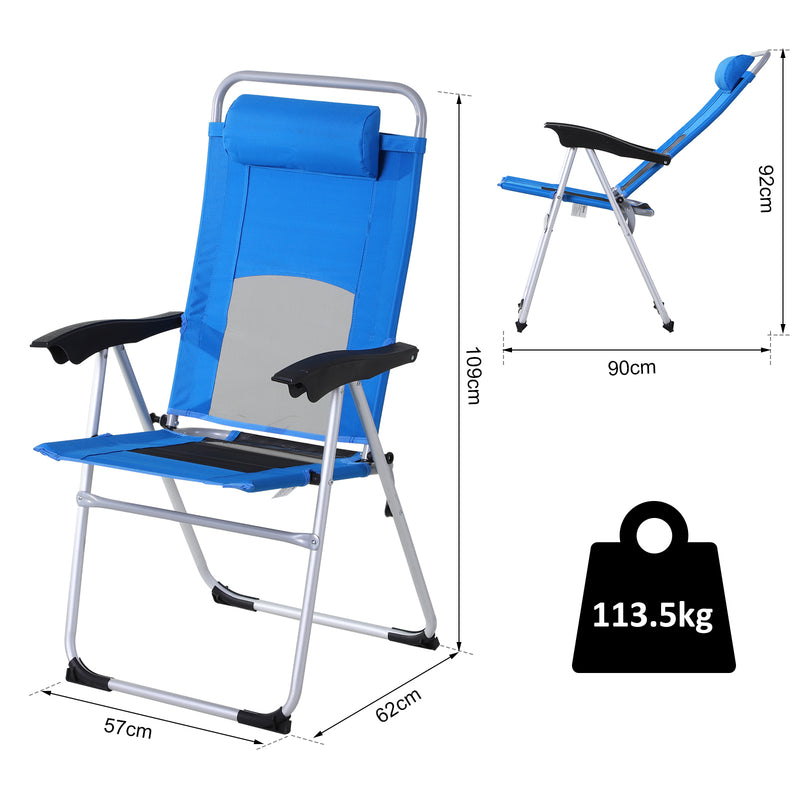Outdoor Garden Folding Chair Patio Armchair 3-Position Adjustable Recliner Reclining Seat with Pillow - Blue