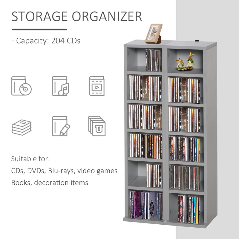 204 CD Media Display Shelf Unit Set of 2 Blu-Ray DVD Tower Rack w/ Adjustable Shelves Bookcase Storage Organiser, Grey