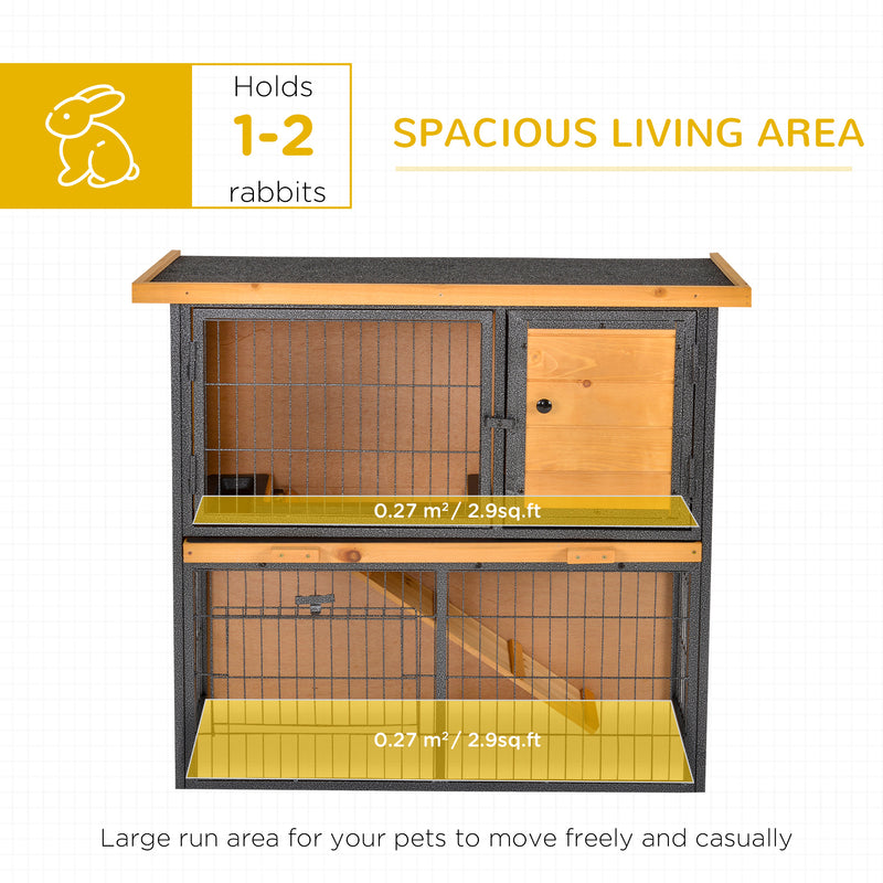 Wood-metal Rabbit Hutch Elevated Pet House Bunny Cage with Slide-Out Tray Asphalt Openable Roof Lockable Door Outdoor