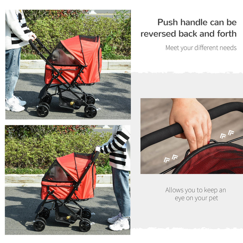 Pet Stroller Dog Travel Pushchair Foldable Jogger with Reversible Handle EVA Wheel Brake Basket Adjustable Canopy Safety Leash Red