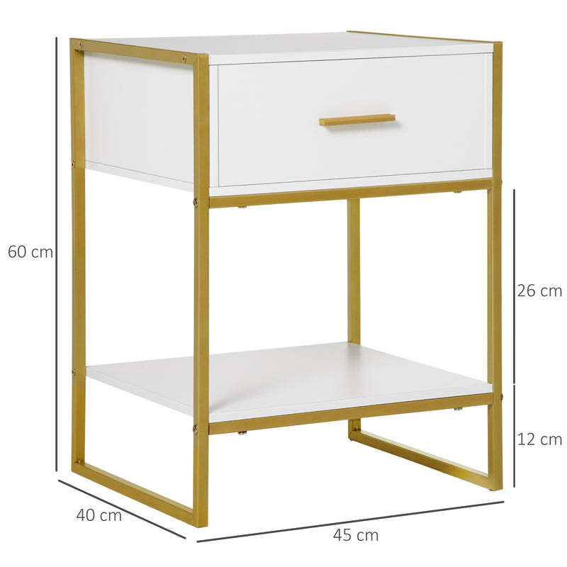 Modern Bedside Table, Bedside Cabinet with Drawer Shelf, Storage Organizer for Bedroom, Living Room, White and Gold
