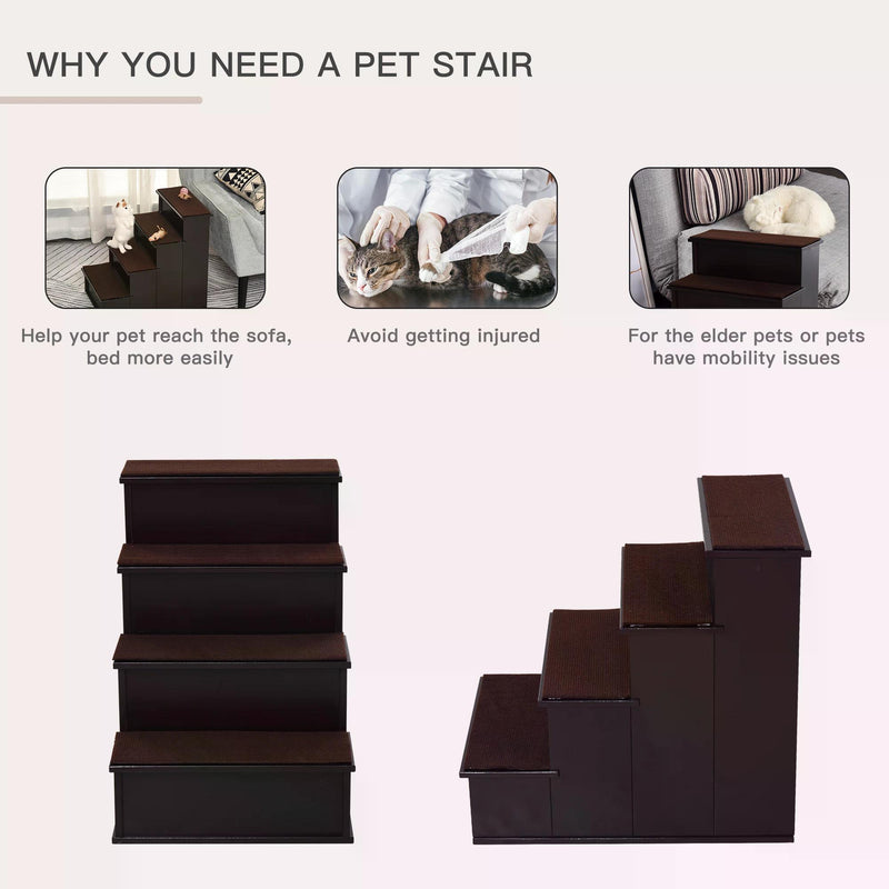 4 Step Cushioned Pet Stairs Ramp Steps for Dogs, Cat Ladder for Bed Couch with Non-Slip Carpet, 40 x 59 x 54.2 cm, Dark Coffee