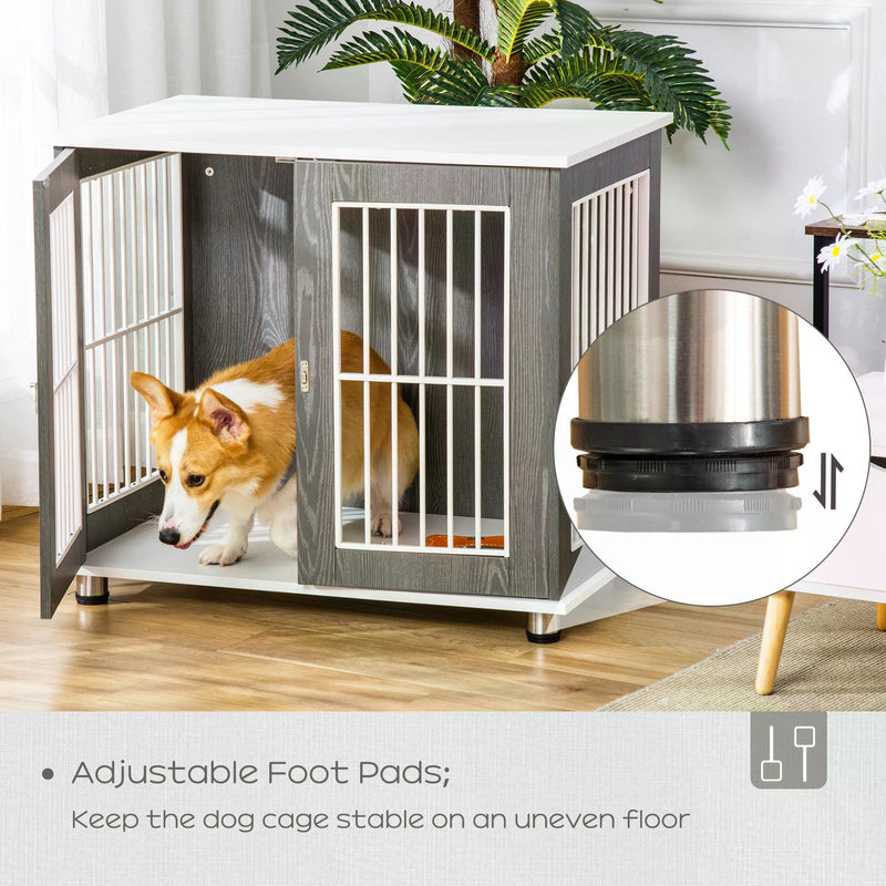 Dog Crate, Wooden Pet Kennel Cage with Lockable Door and Adjustable Foot Pads, Modern Design, Grey and White