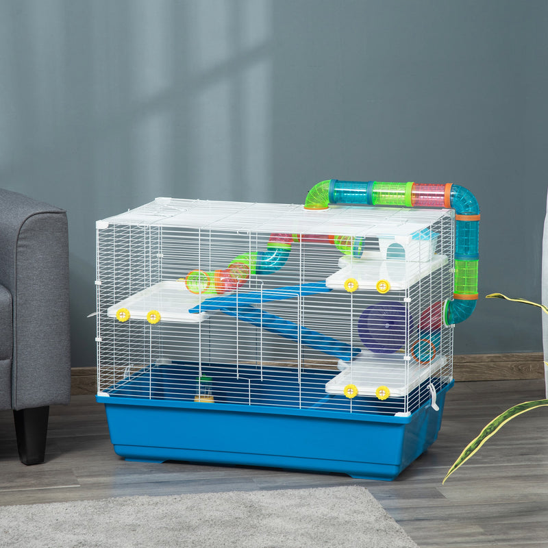 Large Hamster Cage, Multi-storey Gerbil Haven, Small Rodent House, Tunnel Tube System, with Water Bottle, Exercise Wheel, Food Dish,Ramps Blue