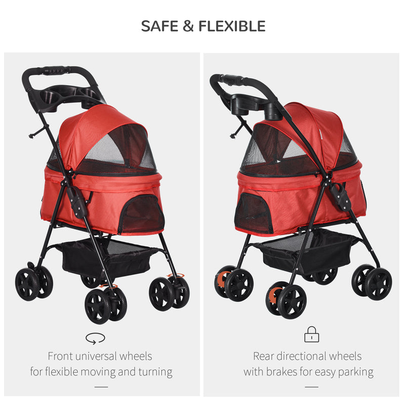 Pet Stroller No-Zip Dog Cat Travel Pushchair Fold Trolley Jogger with EVA Wheels Brake Basket Adjustable Canopy Safety Leash Red