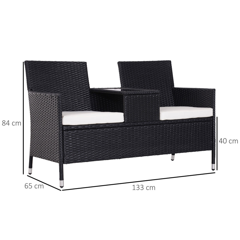 Garden Rattan 2 Seater Companion Seat Wicker Love Seat Weave Partner Bench w/ Cushions Patio Outdoor Furniture (Black)