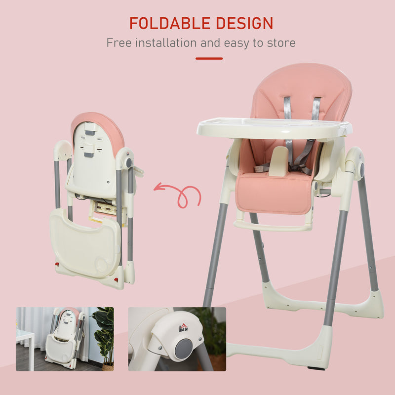 Foldable Baby High Chair Convertible to Toddler Chair Height Adjustable with Removable Tray 5-Point Harness Mobile with Wheels Pink