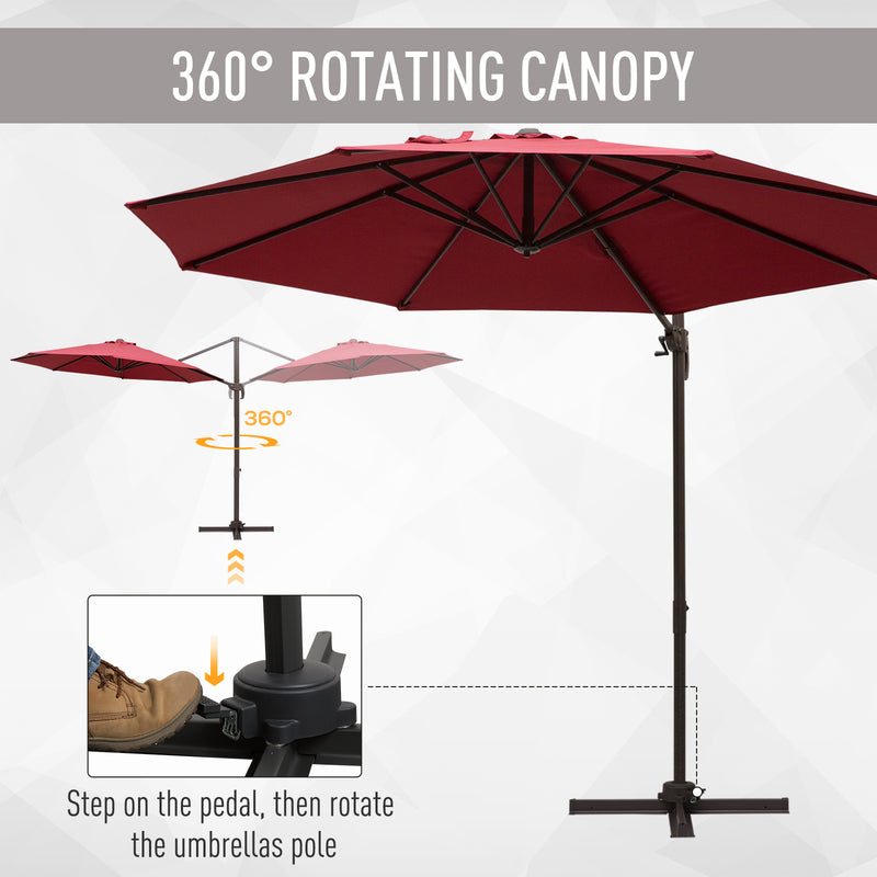 3m Cantilever Aluminium Frame 360 Rotation Hanging Parasol w/ Cross Base Wine Red