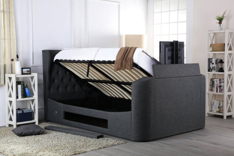 Avebury Tv Fabric Bed With Deep Buttoned Wing Sided Headboard Grey - Super King - Bedzy Limited Cheap affordable beds united kingdom england bedroom furniture